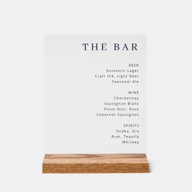 Sophisticated Black Serif Bar Menu Acrylic Sign (Front)