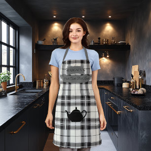 Sophisticated Black White Plaid with Teapot Motif Apron