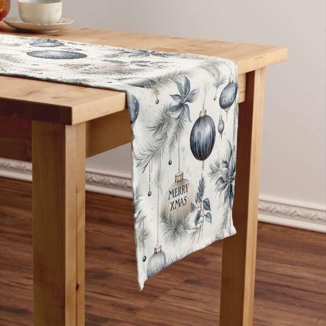 Sophisticated Blue and Beige Christmas Ornaments Short Table Runner (In Situ)