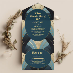 Sophisticated Blue and Gold Art Deco Wedding  All In One Invitation