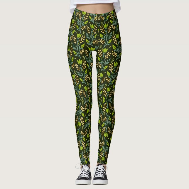 Sophisticated blue & beige floral pattern design  leggings (Front)