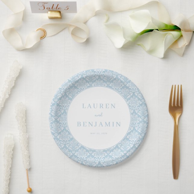 Sophisticated Blue Damask Paper Plate (Wedding)