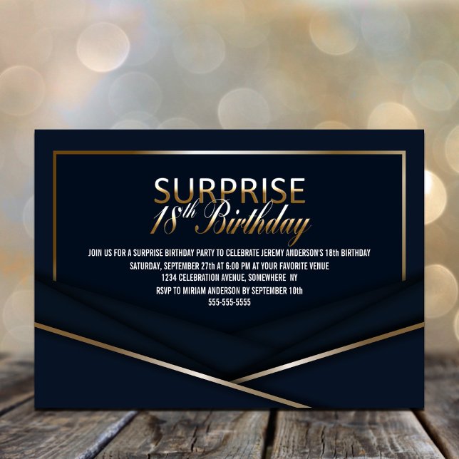 Sophisticated Blue Gold 18th Surprise Birthday Invitation (Creator Uploaded)