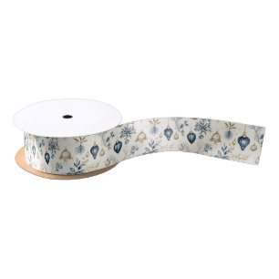Sophisticated Blue & Gold Christmas Pattern Satin Ribbon