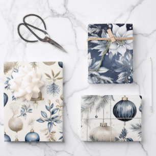 Sophisticated Blue & Gold Christmas Pattern    Wrapping Paper Sheet
