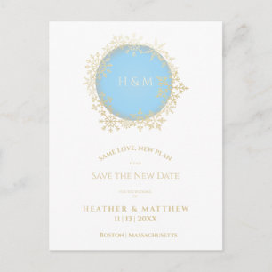 Sophisticated Blue Gold Winter Snowflake Wedding Postcard