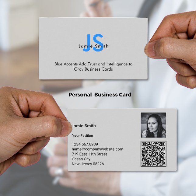 Sophisticated Blue Initials QR-code Black & Grey Business Card (Sophisticated Blue Initials QR-code Black & Gray Business Card)