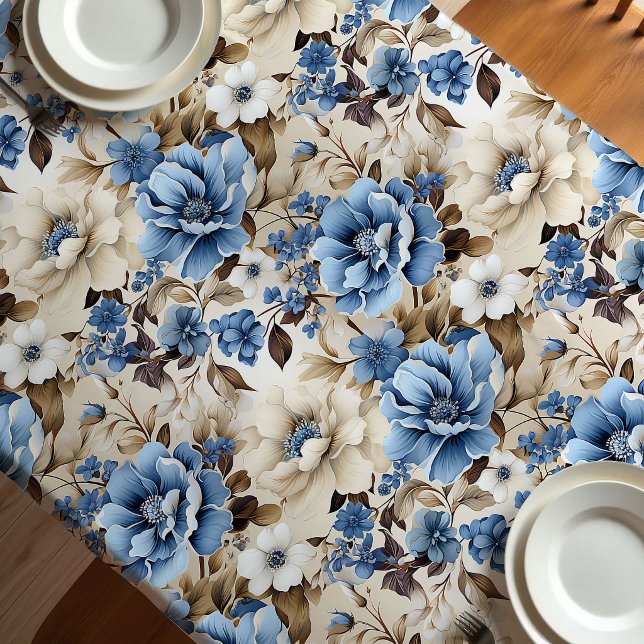 Sophisticated Blue Ivory Floral Luxury Tablecloth (Sophisticated Blue Ivory Floral Luxury Tablecloth)