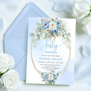 Sophisticated Blue Peonies Eucalyptus Gold Baby  Invitation