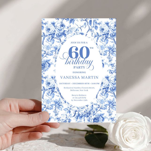 Sophisticated Blue Roses Floral Toile 60 Birthday Invitation (Sophisticated Blue Roses Floral Toile 60th Birthday)