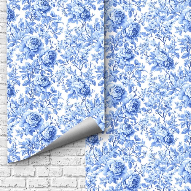 Sophisticated Blue Toile Roses Floral Wallpaper  (Sophisticated Blue Toile Roses Floral Wallpaper Design)