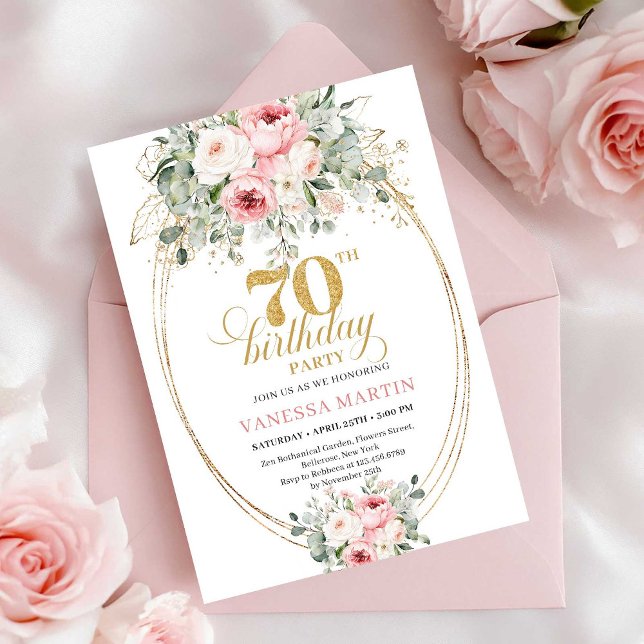 Sophisticated Blush Roses 70th Birthday Invitation (Sophisticated Blush Roses 70th Birthday Invitation)