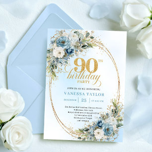 Sophisticated Bohemian Blue Floral Gold 90th Bday Invitation