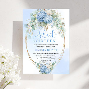 Sophisticated Bohemian Blue Floral Gold Sweet 16 Invitation