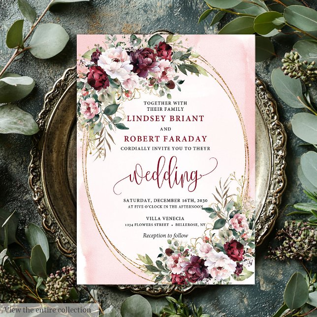 Sophisticated Boho Merlot Gold Sage Floral Wedding Invitation (Sophisticated Boho Merlot Gold Sage Floral Wedding Invitation)