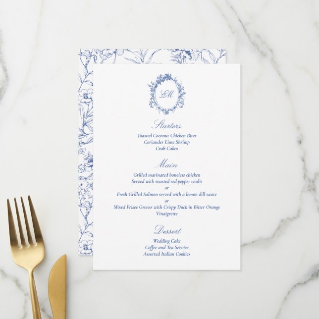 Sophisticated Botanical Blue Chinoiserie Wedding Menu (Front/Back In Situ)