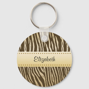 Sophisticated Brown and Gold Tiger Print With Name Keychain