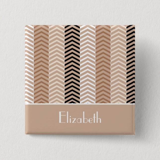 Sophisticated Brown Chevron Stripes With Name 2 Inch Square Button (Front)