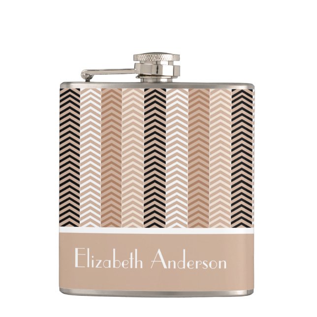 Sophisticated Brown Chevron Stripes With Name Hip Flask (Front)