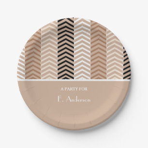 Sophisticated Brown Chevron Stripes With Name Paper Plate