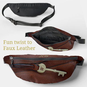 Sophisticated Brown Faux Leather with Brass Key Fanny Pack