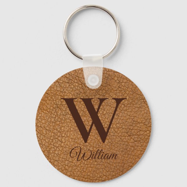 Sophisticated Brown Textured Leather Monogram  Keychain (Front)
