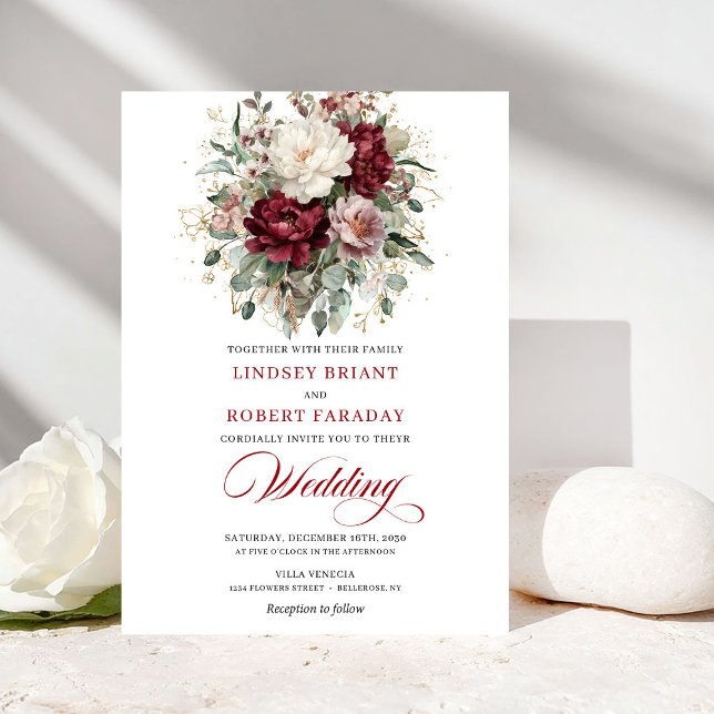 Sophisticated Burgundy White Floral Gold Wedding  Invitation (Sophisticated Burgundy White Floral Gold Wedding Invite)