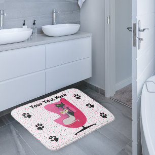 Sophisticated Cats in Pink Chair Diamonds Dots Bath Mat