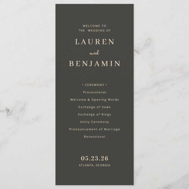 Sophisticated Charcoal Typographic Wedding Ceremon Program (Front)