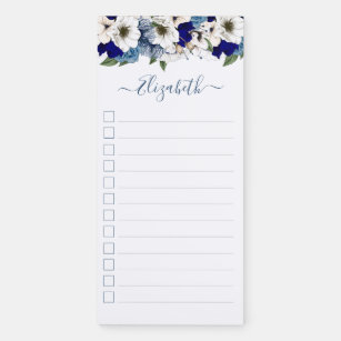 Sophisticated Checklist Navy Dusty Blue Floral Magnetic Notepad