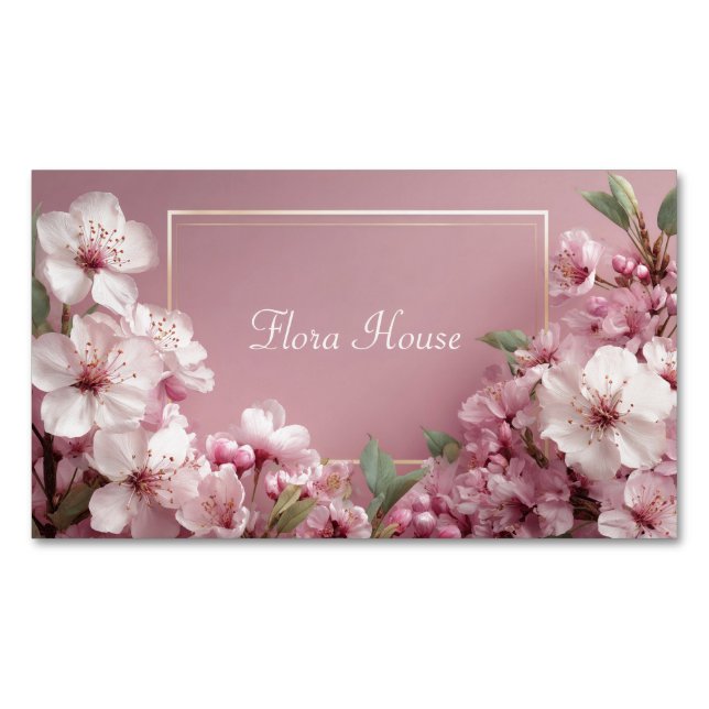 Sophisticated Cherry Blossom Pink & Sage Magnetic Business Card (Front)