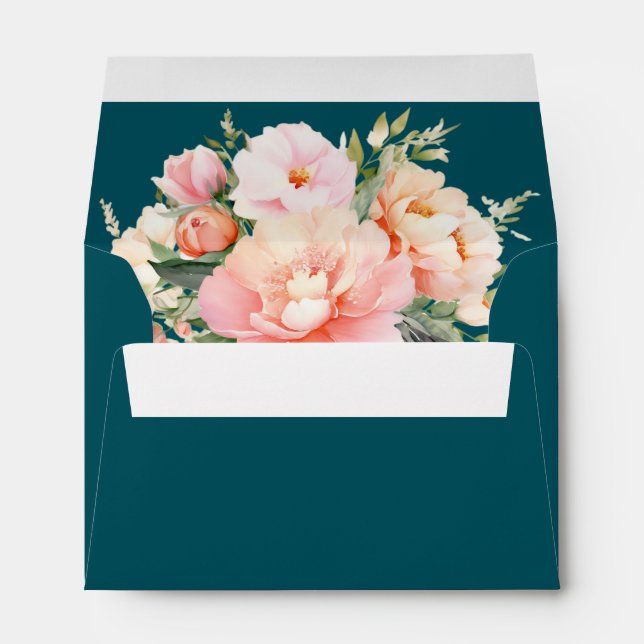 Sophisticated Chic Elegant Peony Deep Teal Wedding Envelope (Back (Bottom))
