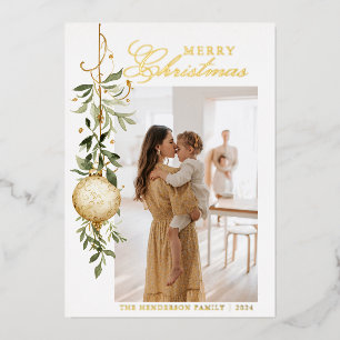 Sophisticated Christmas Greenery Gold Ornament Foil Holiday Card