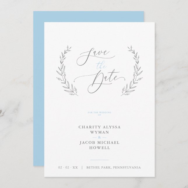Sophisticated Classic Botanical Blue Grey Wedding (Front/Back)