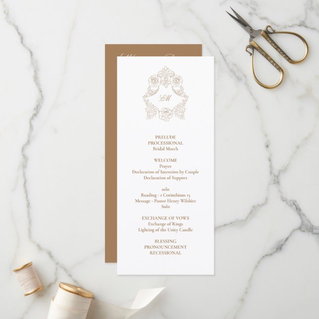 Sophisticated Classic Script Golden Brown Wedding Program (Front/Back In Situ)