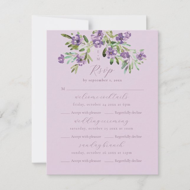 Sophisticated Classic Violet Floral Multi Event RSVP Card (Front)