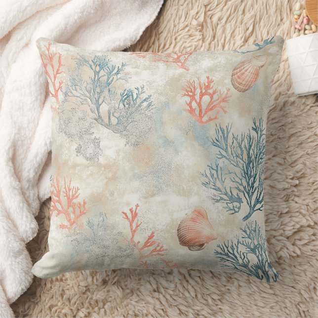 Sophisticated Coral Branches - Soft Seashell Throw Pillow (Blanket)