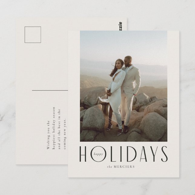 Sophisticated Cream & Black Happy Holidays Photo Postcard (Front/Back)