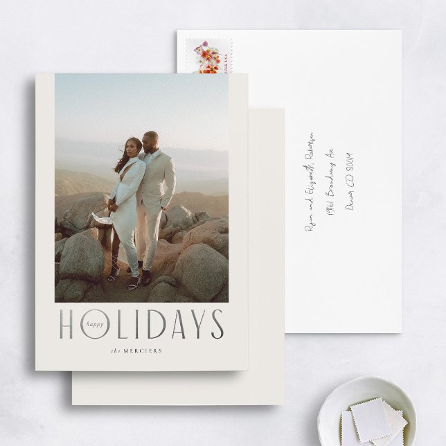 Sophisticated Cream & Silver Happy Holidays Photo Foil Holiday Card (Creator Uploaded)