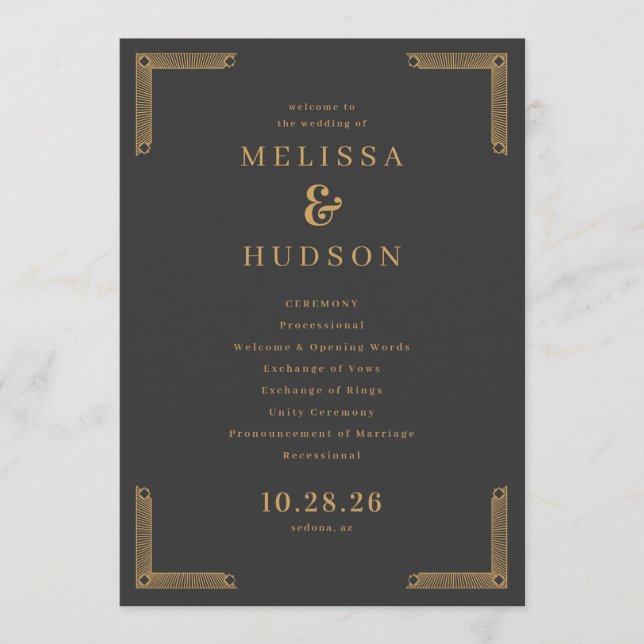 Sophisticated Dark Grey Gold Wedding Ceremony Program (Front)