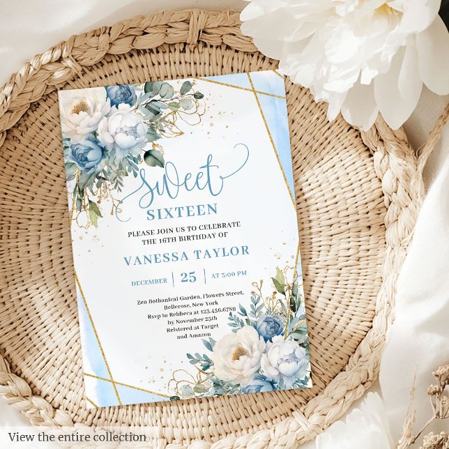 Sophisticated Dusty Blue White Peonies Sweet 16  Invitation (Sophisticated Dusty Blue White Peonies Sweet 16 Invitation)