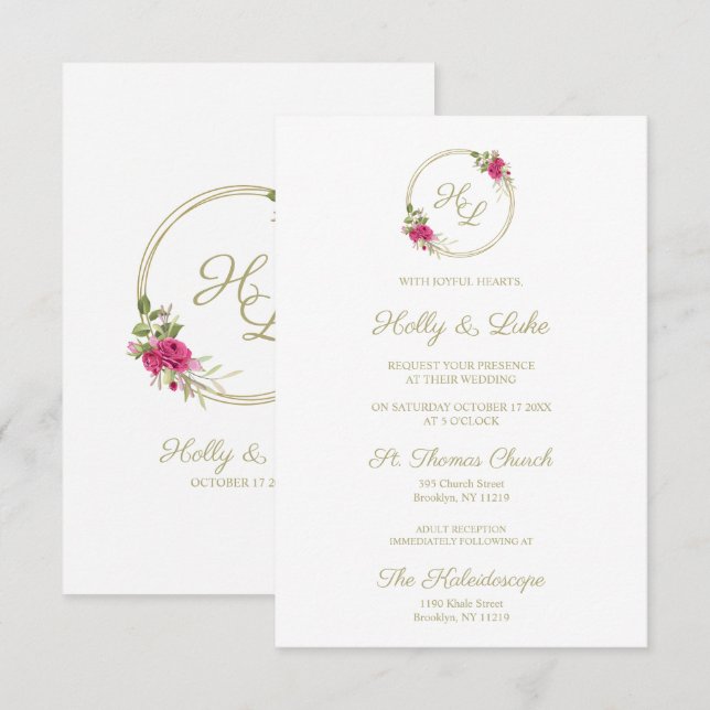 Sophisticated Elegant Pink Floral Wedding Wreath Invitation (Front/Back)