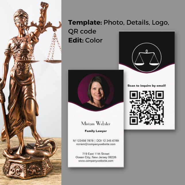 Sophisticated Family Lawyer Business Card (Sophisticated Family Lawyer Business Card, Profile Photo, Logo, QR code, CTA, Black & White)