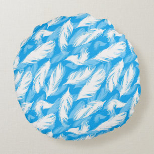 Sophisticated Feather Design On A Bright Blue Round Pillow