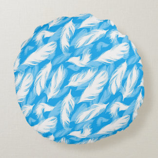 Sophisticated Feather Design On A Bright Blue  Round Pillow