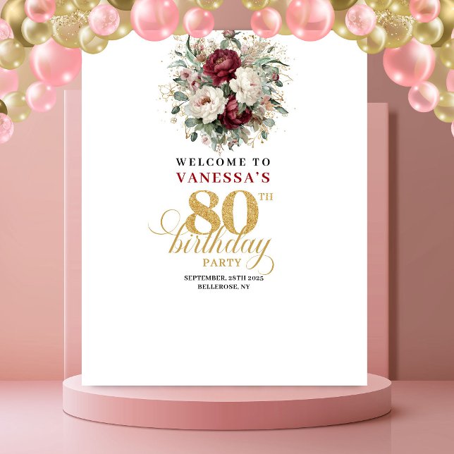 Sophisticated Floral 80th Birthday Backdrop Tapestry (Sophisticated Floral 80th Birthday Backdrop)