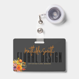 Sophisticated Floral Design Black Orange Flowers  Badge