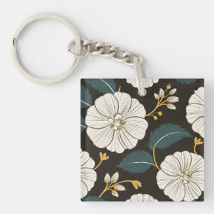 Sophisticated Floral Pattern with White Blossoms Keychain