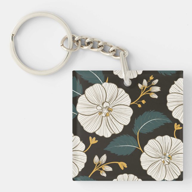 Sophisticated Floral Pattern with White Blossoms Keychain (Front)