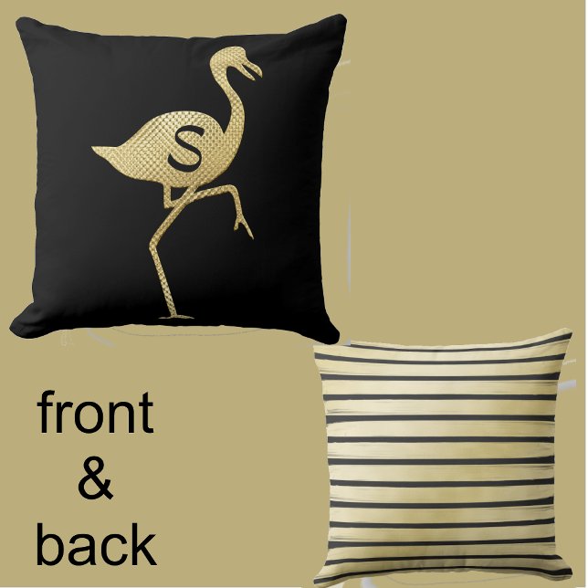 Sophisticated Fun Gold Flamingo Black Monogram Throw Pillow (Creator Uploaded)